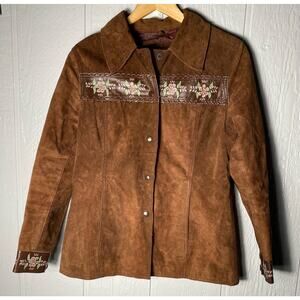 Vintage Mastercraft Brown Suede Jacket Flowers Hippie Boho